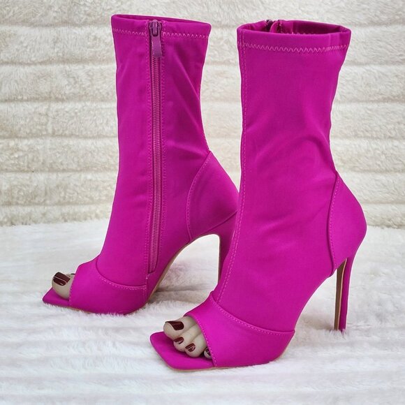 Bold Bright Fuchsia Pink Stretch Square Open Toe High Heel Ankle Boots - Picture 4 of 9